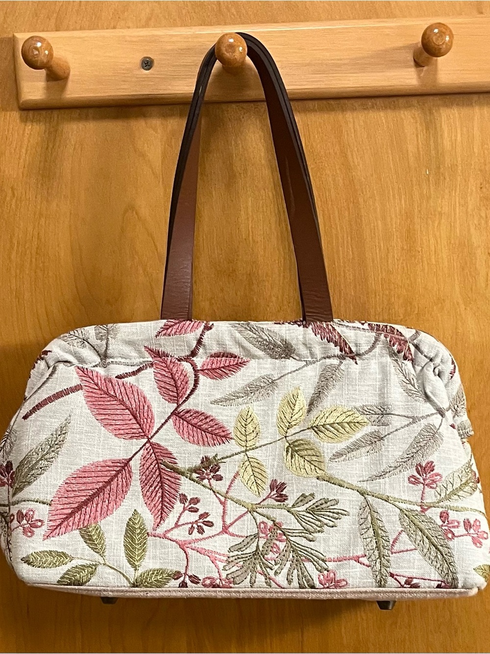 Sundance Floral Embroidered Satchel in Cream with Pink, Green, Brown Accents